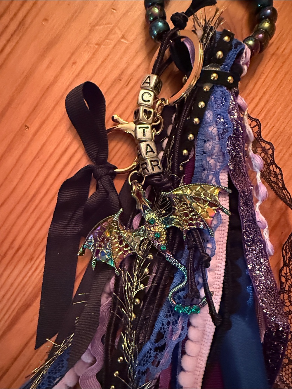 Handmade Ribbon Tassel bag charm/bogg bag tag with Dragon Charm in Purple & Blue - Picture 2 of 2